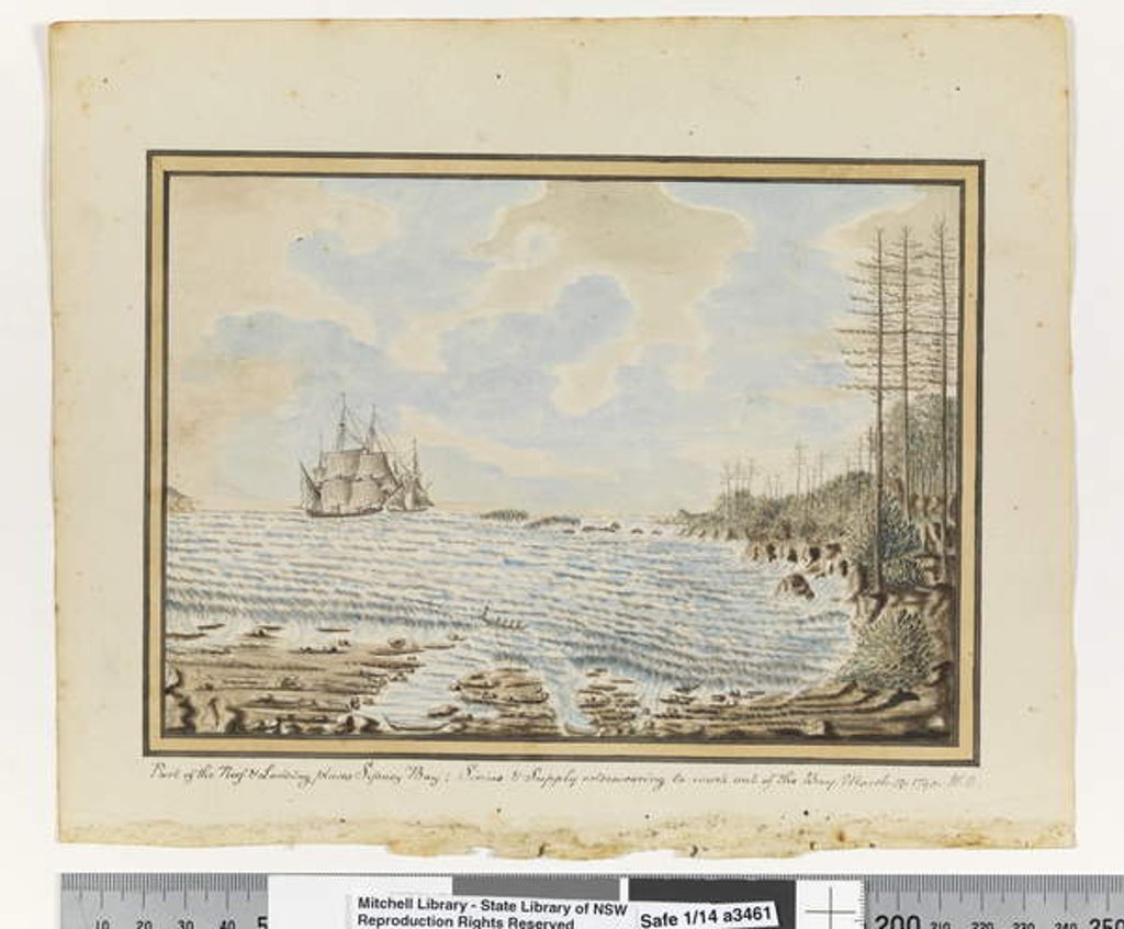 Detail of Opp. p. 194. `Part of the Reef & Landing places Sydney Bay; Sirius & Supply endeavouring to work out of the Bay. March 19 1790', c.1802 by William Bradley