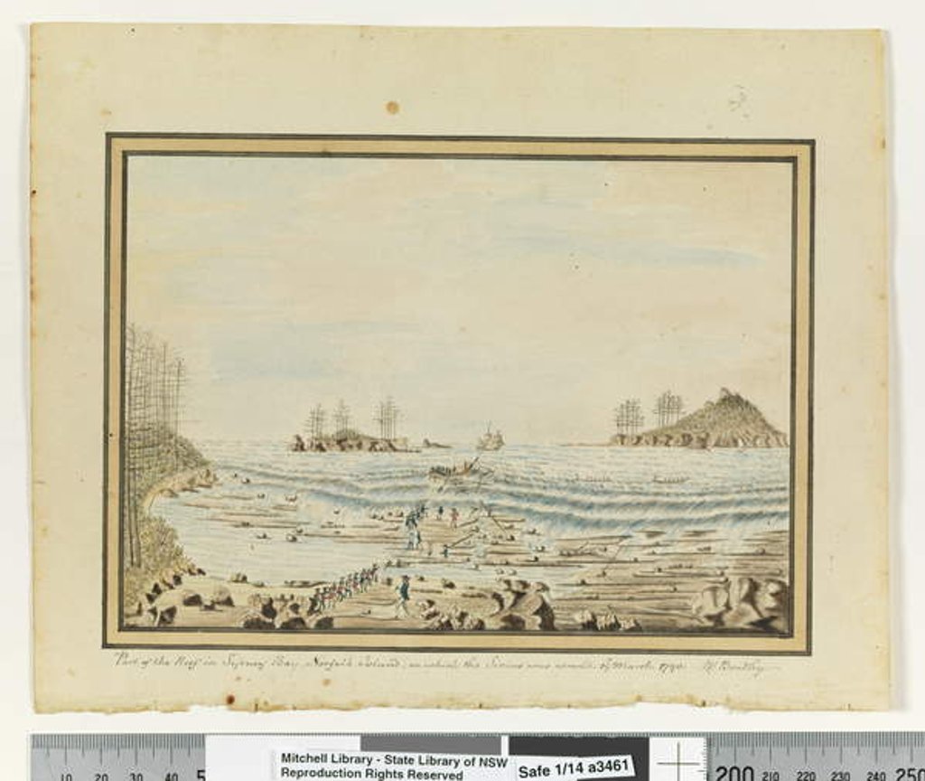 Detail of Opp. p. 195. Part of the Reef in Sydney Bay, Norfolk Island, on which the Sirius was wreck'd. 19 March 1790., c.1802 by William Bradley