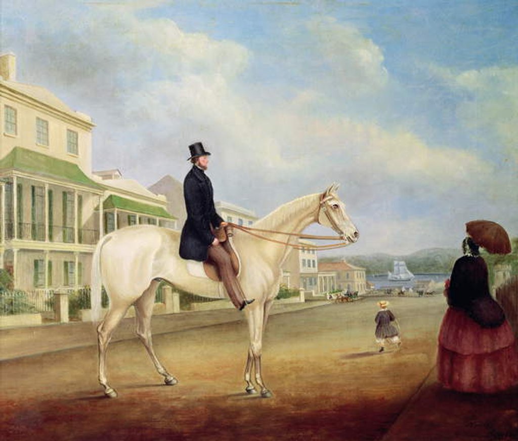 Detail of Rider on a white horse, probably in Macquarie Street North, c.1850 by Joseph Fowles