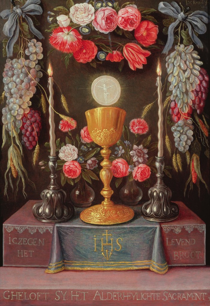 Detail of A Chalice with the Eucharist in a cartouche decorated with flowers and fruit, c.1664 by Jan van the Elder Kessel
