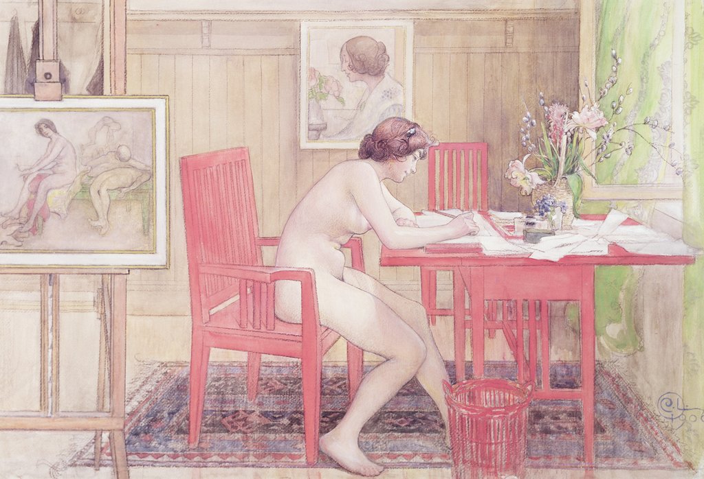 Detail of Model Writing Postcards, 1906 by Carl Larsson