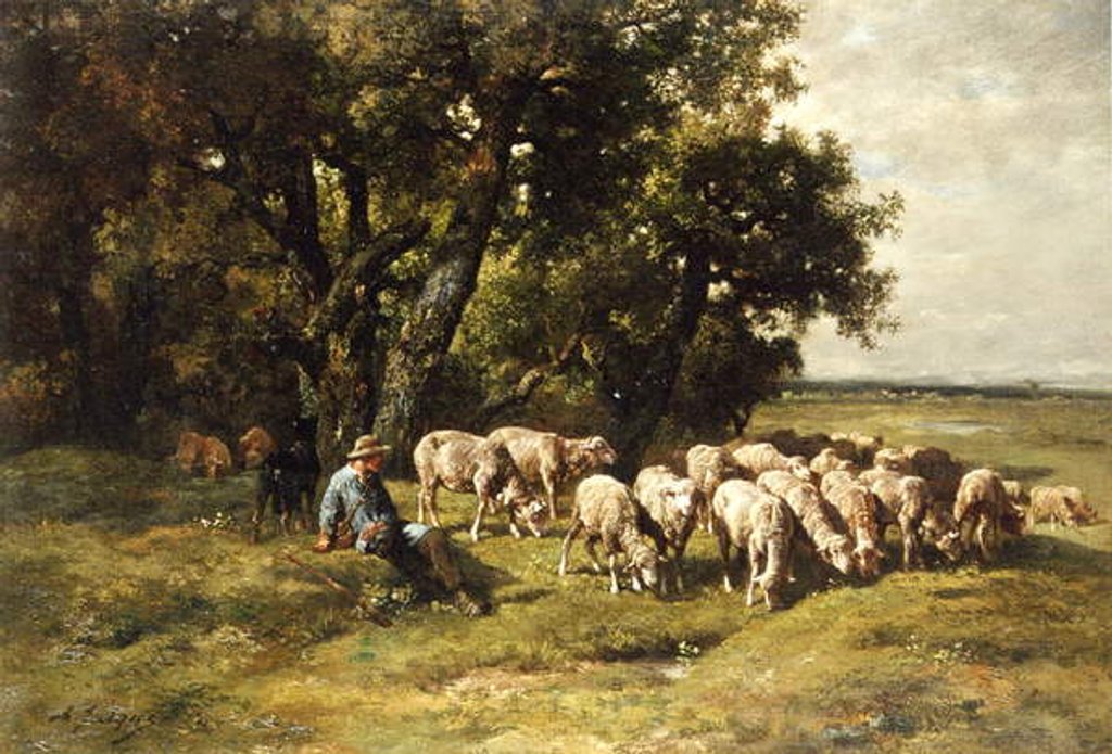 Detail of A shepherd and his flock by Charles Emile Jacques