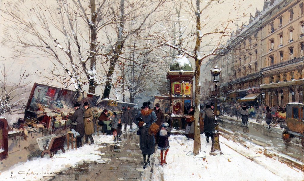 Detail of Bookstalls in Winter, Paris by Eugene Galien-Laloue