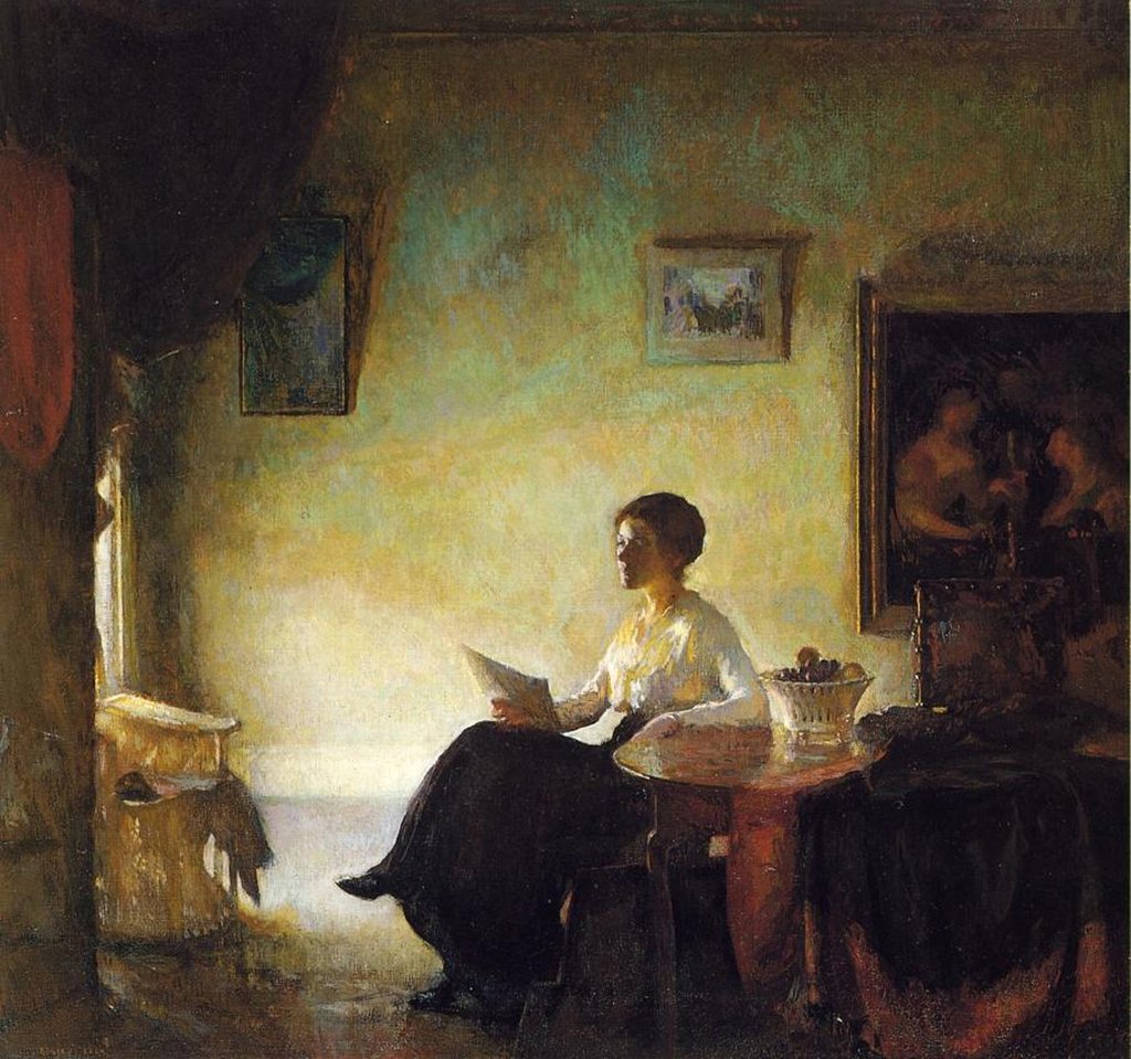 Detail of Woman reading at home, 1918 by Frederick Andrew Bosley