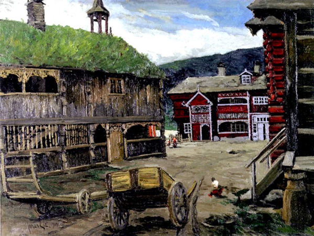 Detail of A Norwegian Village, 1909 by Jonas Lie