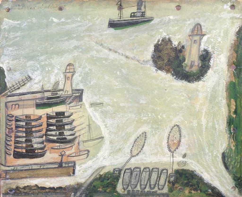 Detail of St. Ives Harbour and Godrevy Lighthouse, c.1930 by Alfred Wallis