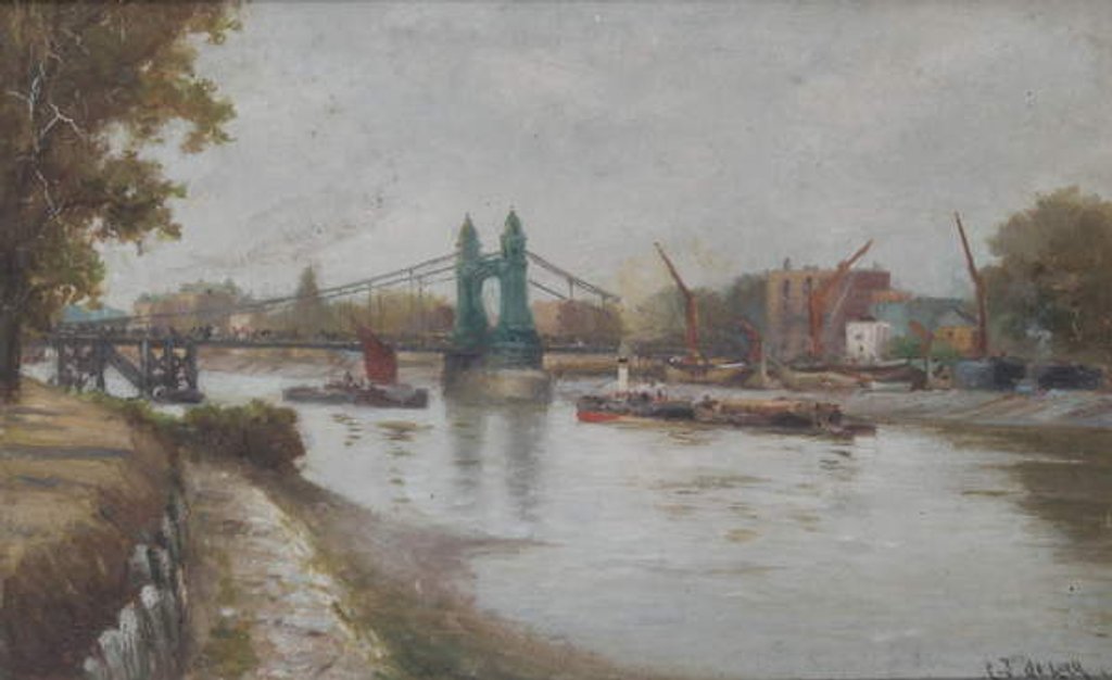 Detail of Hammersmith Bridge - the present one - post 1887 - looking from the Surrey shore by Charles John de Lacy
