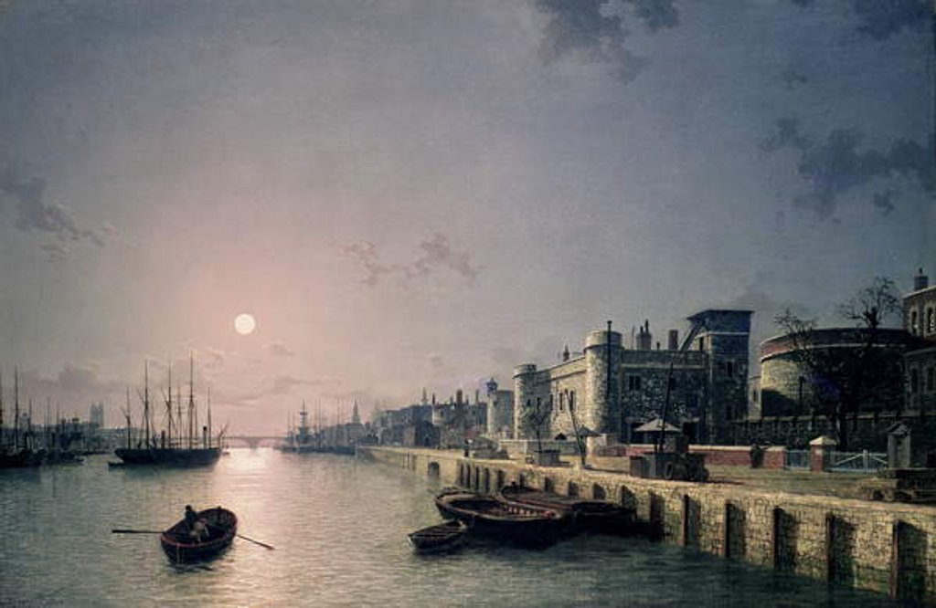 Detail of Tower of London and the Thames in moonlight by Henry Pether