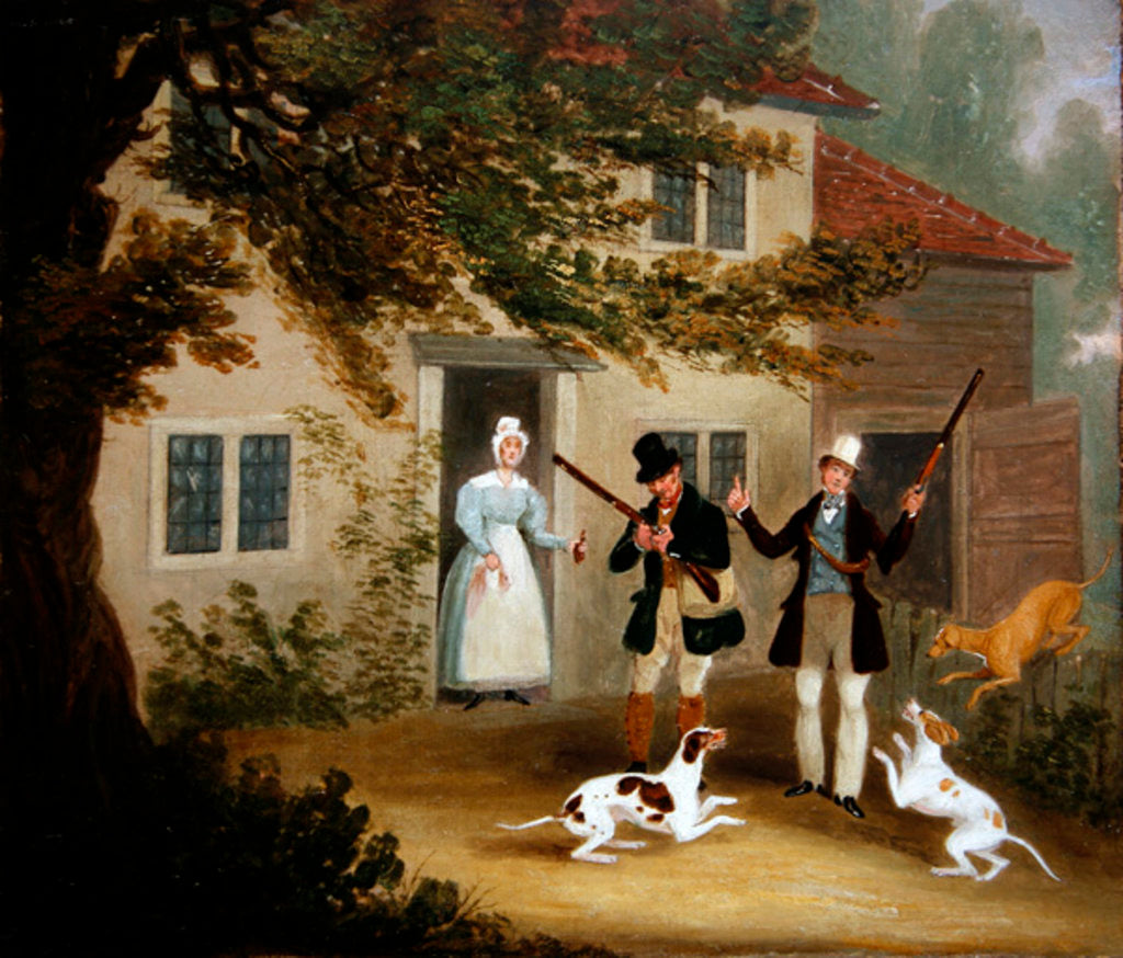Detail of Two sportsmen with their pointers setting out from a cottage, c.1830 by James Pollard