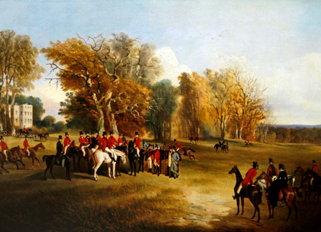 Detail of A hunt meet in a parkland with a country house by John Dalby