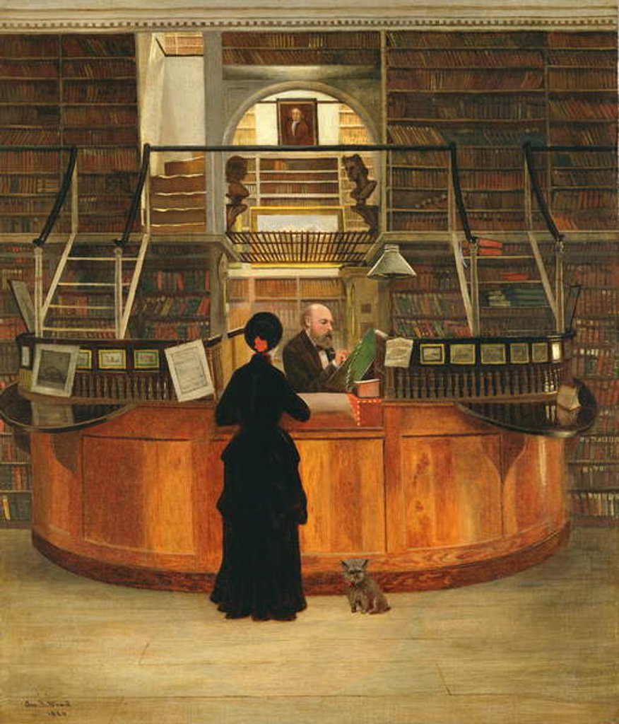 Detail of The interior of the Logan Library Philadelphia, with the librarian LLoyd Pearsall Smith at his desk, 1880 by George Bacon Wood