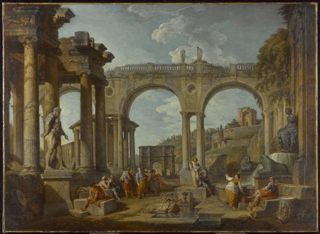 Detail of A Capriccio of Roman Ruins with the Arch of Constantine, c.1755 by Giovanni Paolo Pannini or Panini