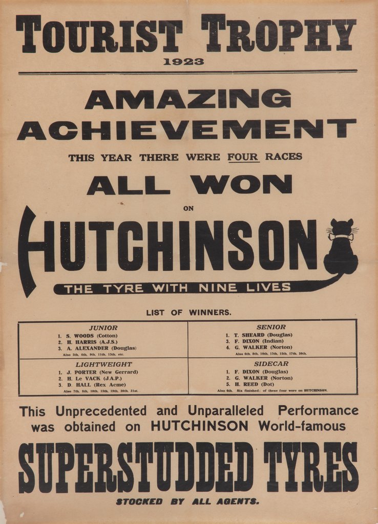 Detail of Poster promoting Hutchinson Superstudded Tyres used at the 1923 TT by Unknown