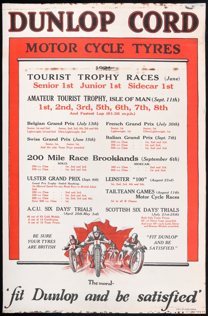 Detail of Dunlop Cord motor cycle tyres poster setting out successes on these tyres during the 1924 season by Unknown