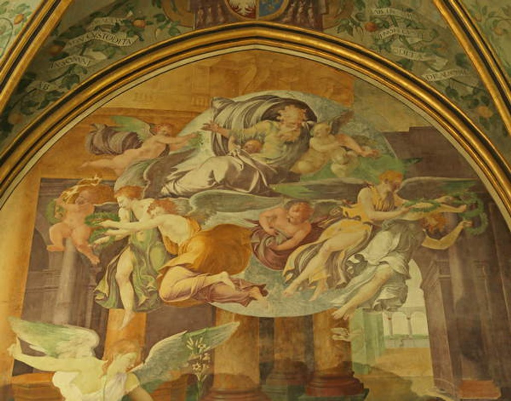 Detail of The West Wall of the Rayonnant chapel of the Abbey, detail above The Annunciation by Francesco Primaticcio