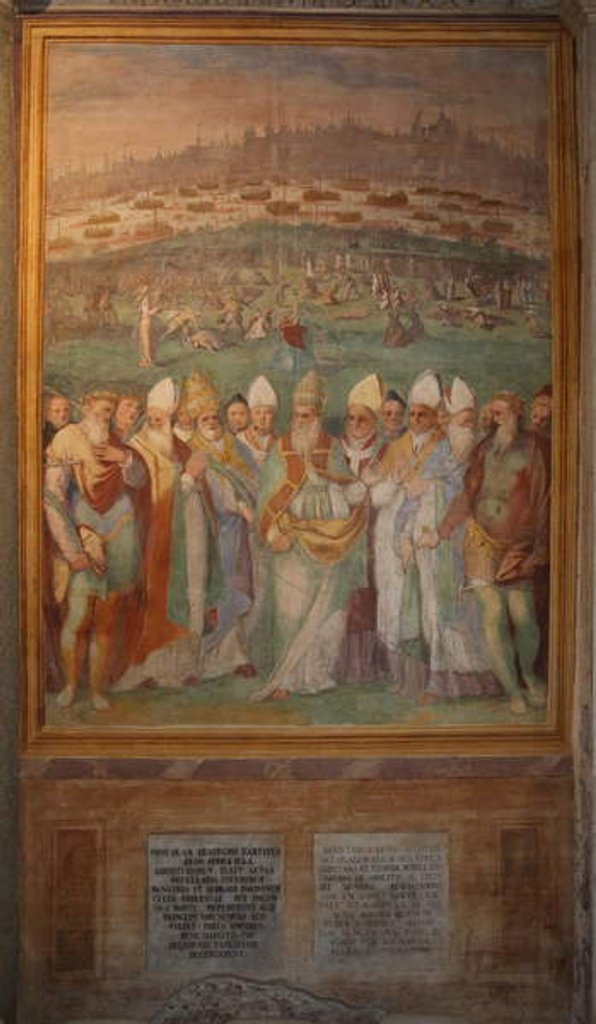 Detail of Pope bishops and kings honor the martyred saints by Cristoforo & Tempesta Antonio Roncalli