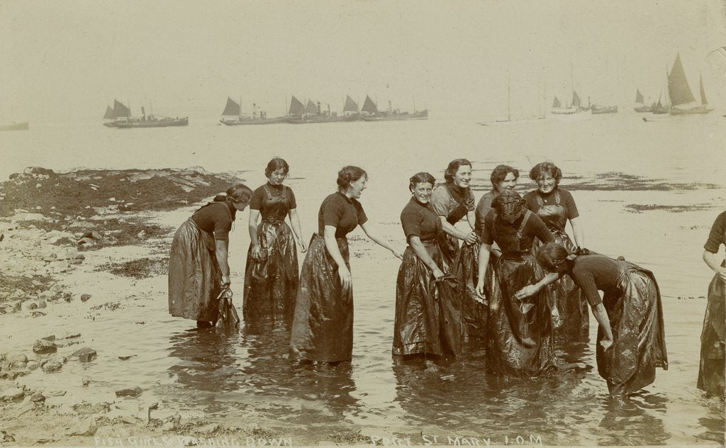 Detail of Women employed herring processing or 'fish girls' captured washing down their aprons, Port St Mary by Vere Lawrence Swales