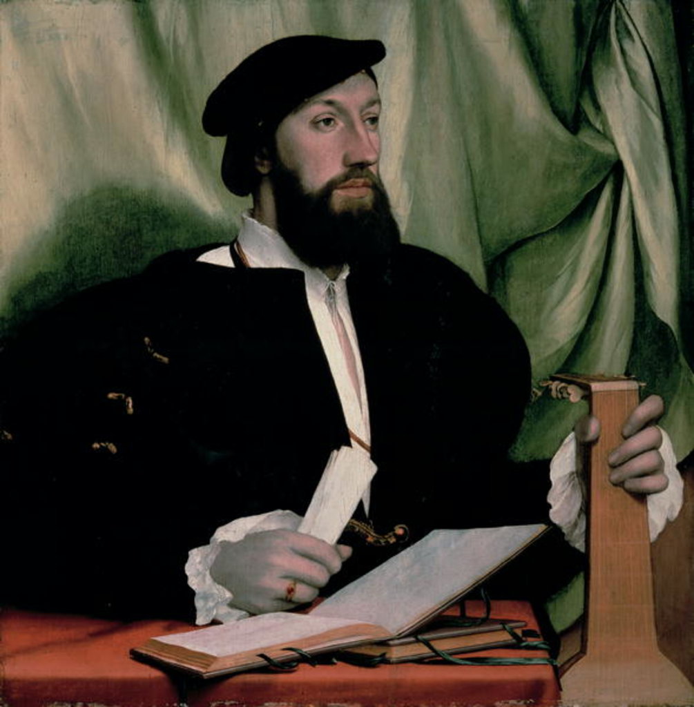 Detail of Unknown gentleman with music books and lute, c.1534 by Hans Holbein the Younger