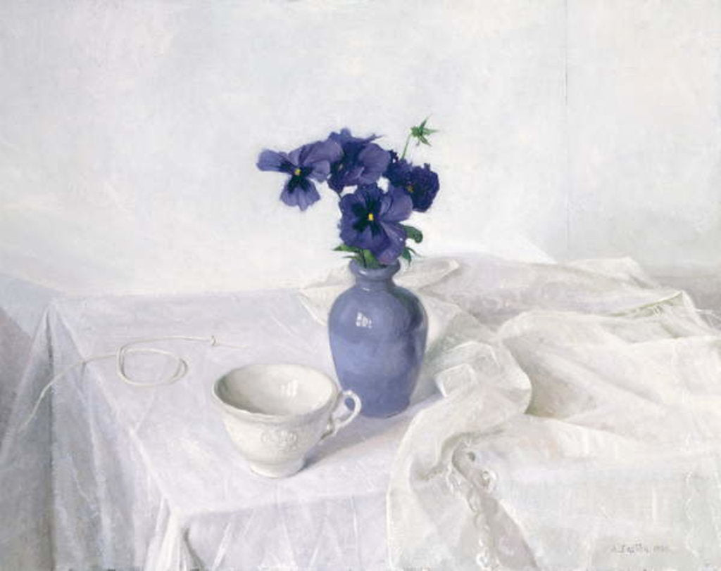 Detail of Pansies in a Blue Vase, Still Life, 1990 by Arthur Easton