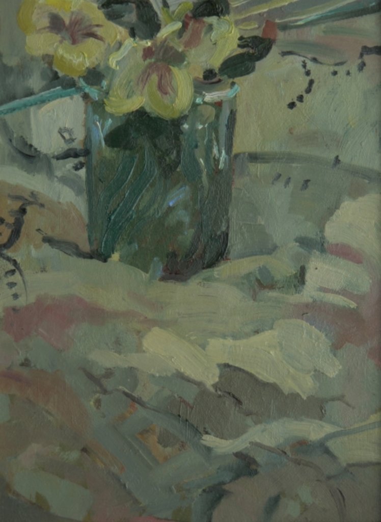 Detail of Yellow flowers in green pot, 2009 by Pat Maclaurin
