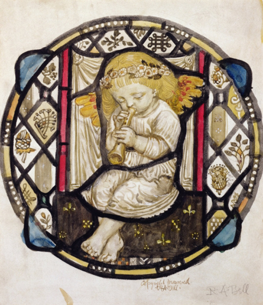 Detail of Stained Glass design of Putto playing the Flute by Robert Anning Bell