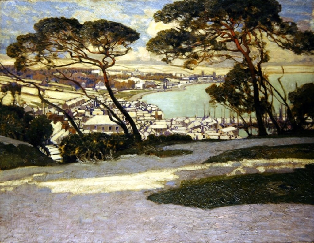 Detail of Newlyn, Penzance in the distance from Geoffrey Garnier's Garden by Alfred East