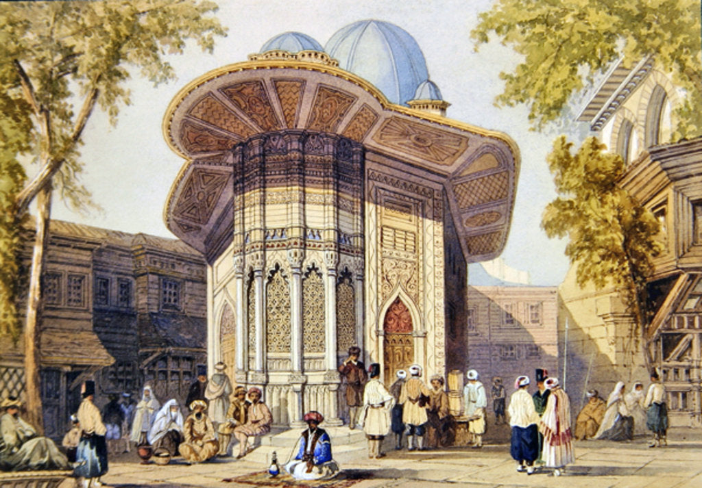 Detail of Turkish figures before a kiosk by Amadeo Preziosi