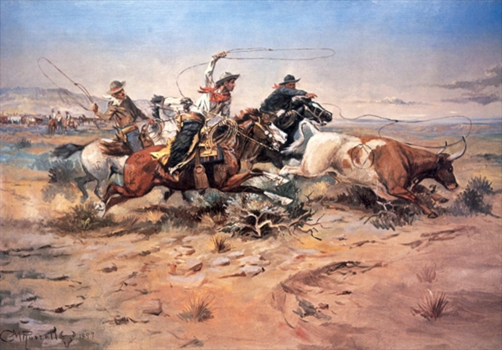 Detail of Cowboys roping a steer, 1897 by Charles Marion Russell