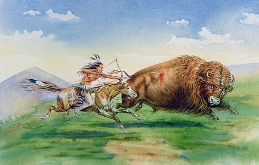 Detail of Sioux hunting buffalo on decorated pony by American School