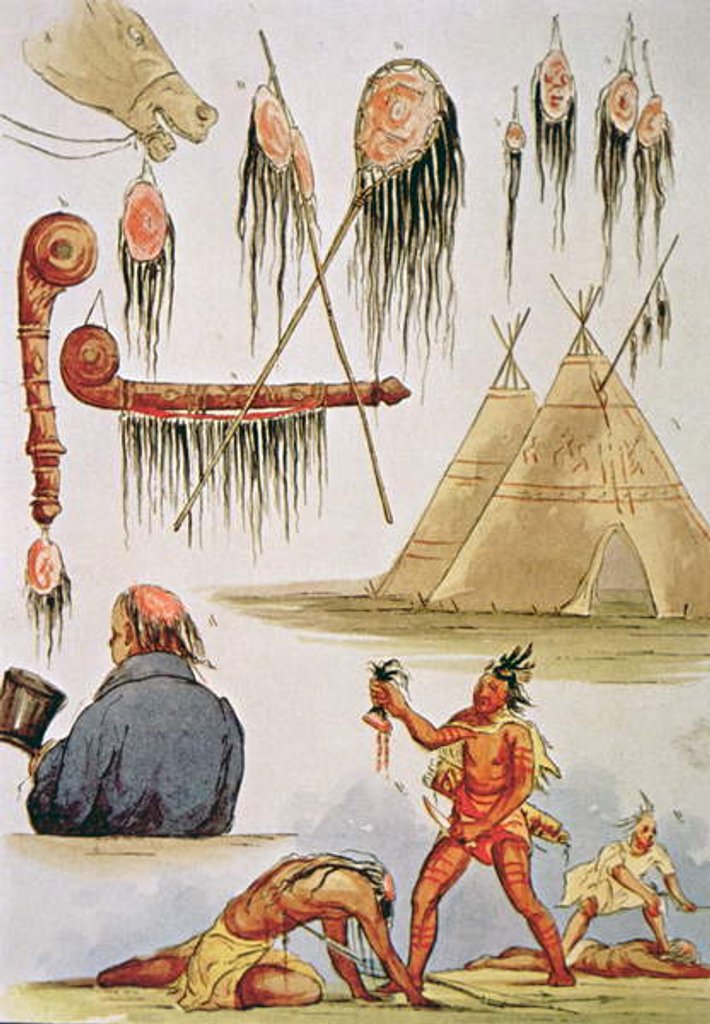 Detail of Scalping and decorative use of scalps by George Catlin
