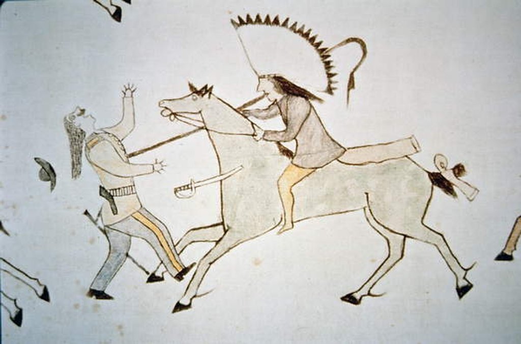 Detail of A warrior striking down a US cavalry trooper at the Battle of Little Bighorn in 1876 by American School