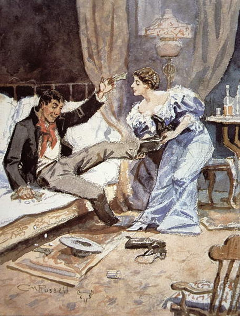 Detail of Saloon girl with a drunken cowboy, c.1898 by Charles Marion Russell