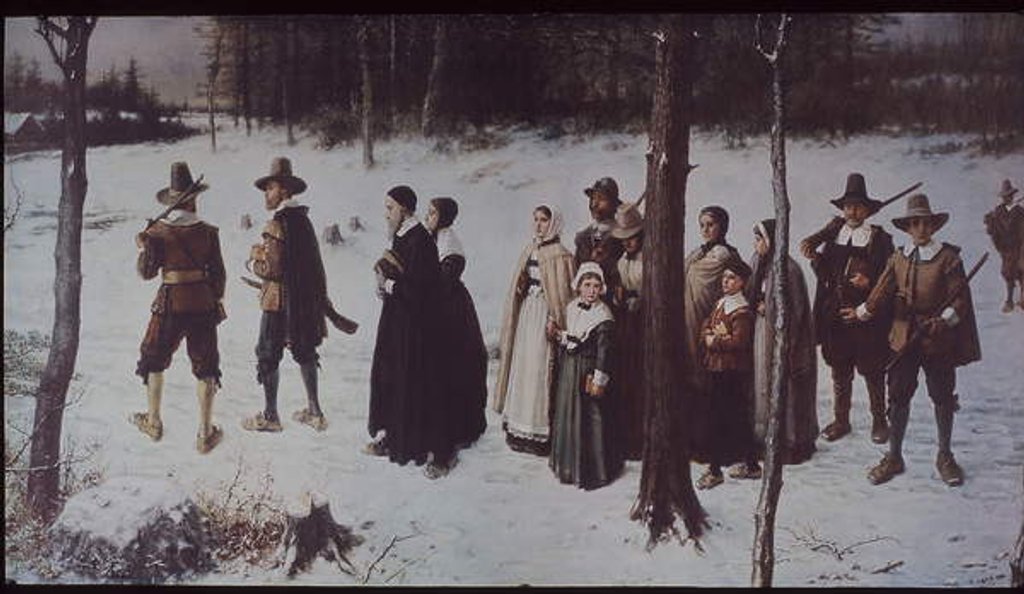 Detail of Pilgrim Fathers going to church in colonial America, 1867 by George Henry Boughton