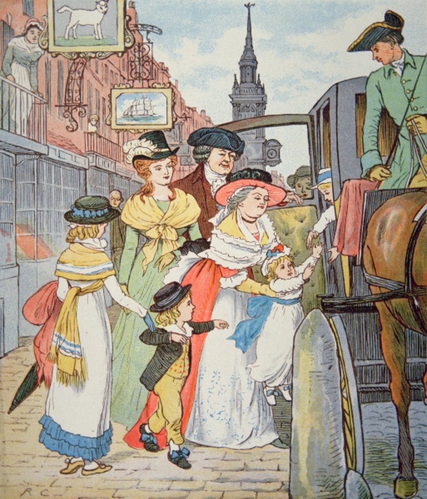 Detail of Family life in colonial America - Street scene in Boston by Randolph Caldecott