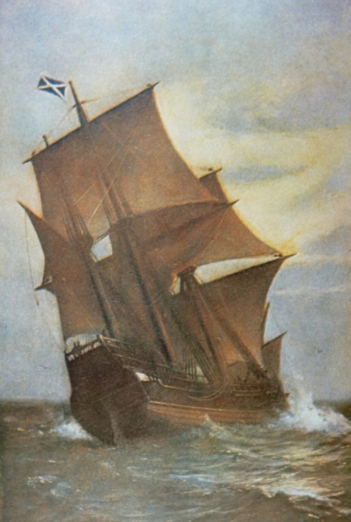 Detail of The Mayflower carrying the Pilgrim Fathers across the Atlantic to America in 1620 by Marshall Johnson