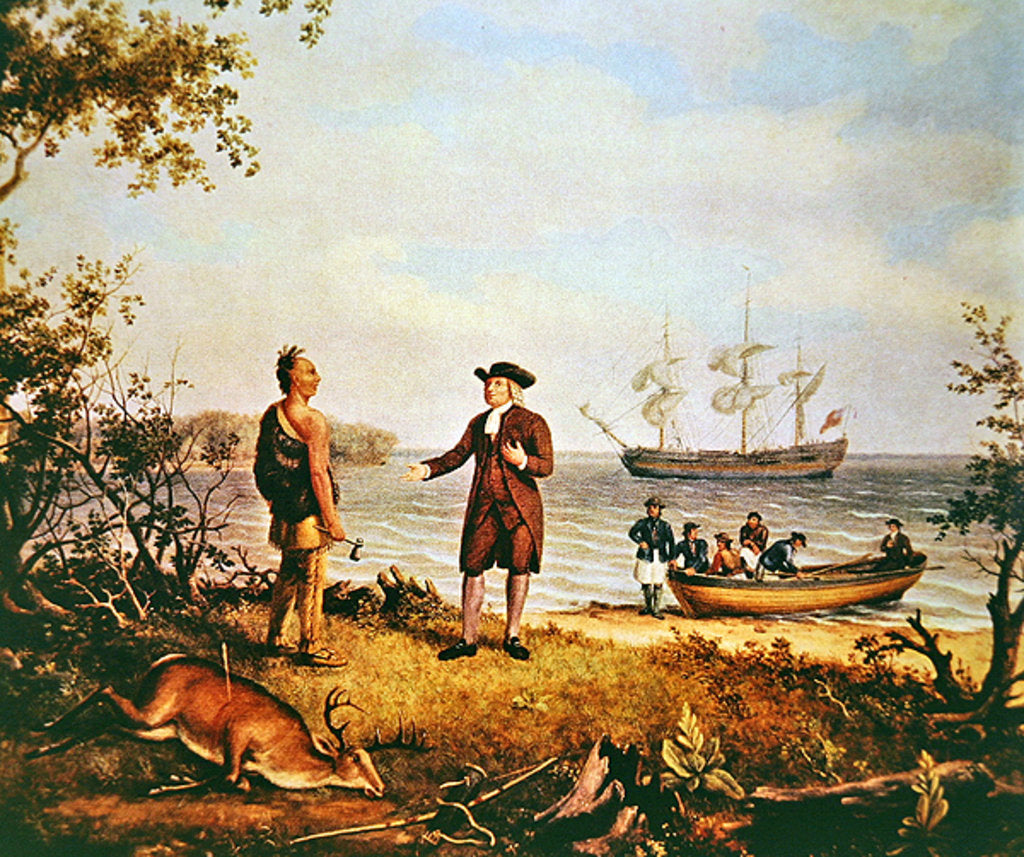 Detail of William Penn arrives in America for the first time and meets a Native American in 1682 by Thomas Birch