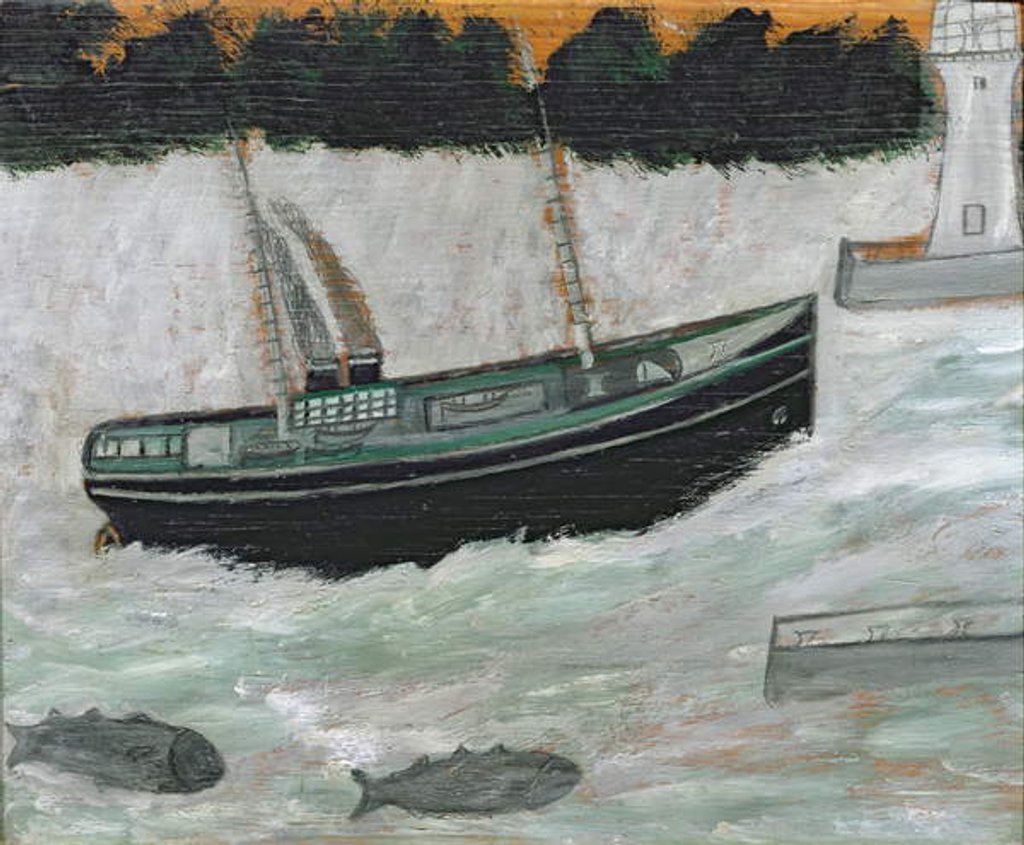 Detail of Lighthouse with Trawler and Fish by Alfred Wallis