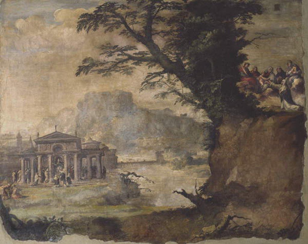 Detail of Landscape with meeting of Christ and Virgin by Polidoro da Caravaggio