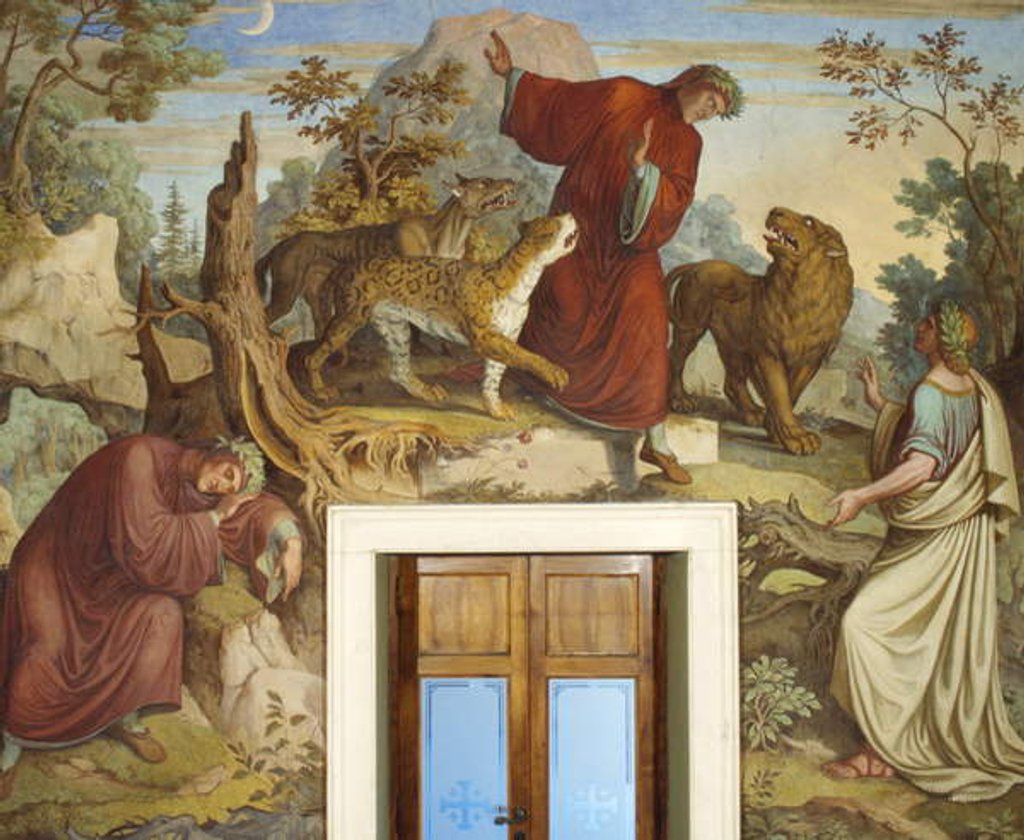 Detail of Dante sleeping, attacked by wild beasts, and encountering Virgil by Joseph Anton Koch