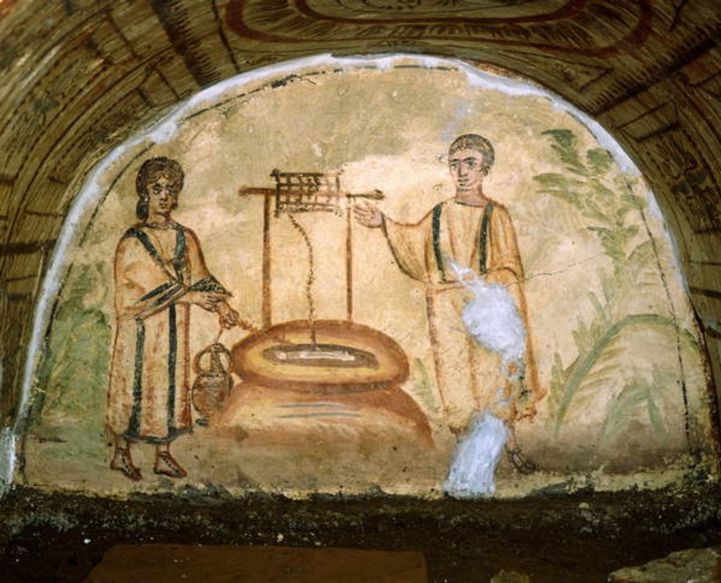 Detail of The Samaritan woman at the well, Catacombs of Via Latina, Rome by Roman Roman