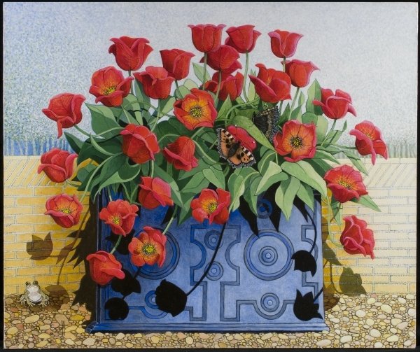 Detail of Getting There, 2011 flowers; tulips; still life; window box; toad; frog; butterflies; by Pat Scott