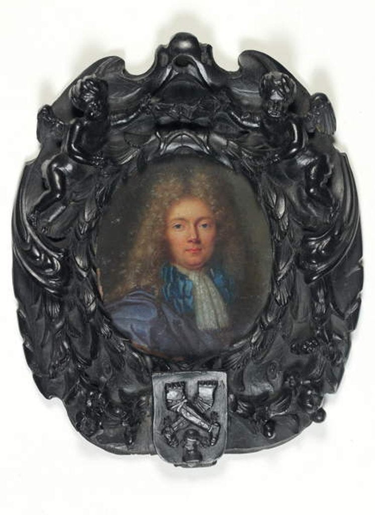 Detail of A gentleman, in purple habit with lace cravat by School Continental