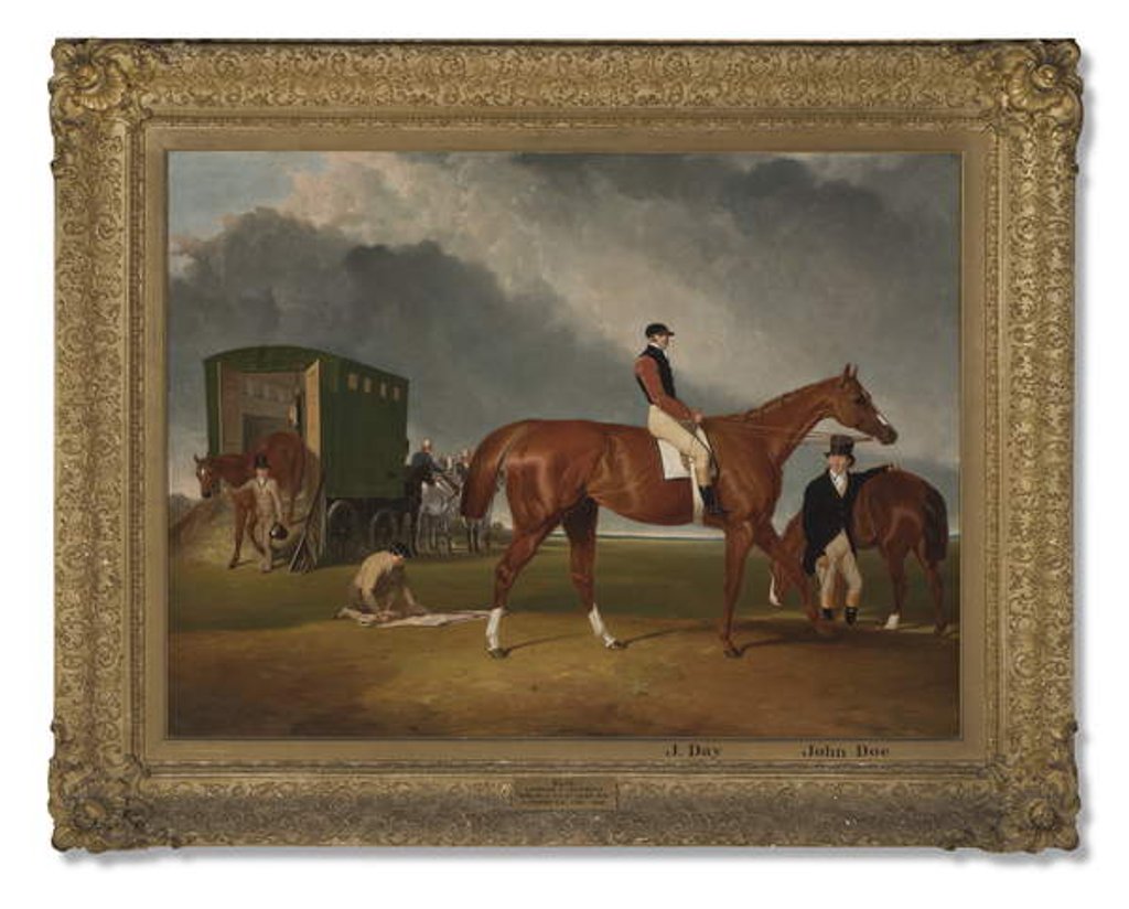 Detail of Portrait of Lord George Bentincks Horse Elis with rider, John Day, and trainer, John Doe, Doncaster, 1836 by Abraham Cooper