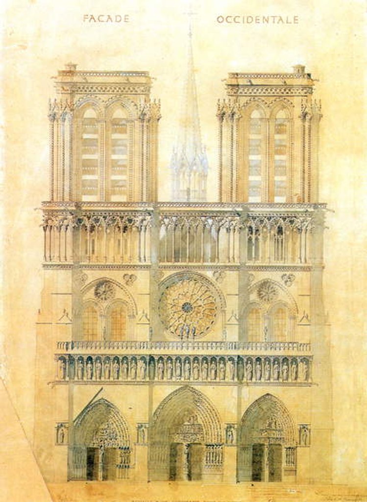 Detail of Project of for restoration of west facade of Notre Dame cathedral in Paris with the spire, 1843 by Eugene Emmanuel Viollet-le-Duc