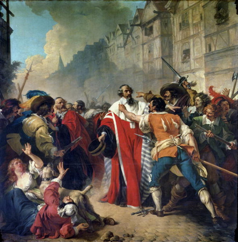 Detail of Mathieu Mole being stopped by the Parisian crowd on his return from visiting Mazarin and Queen Anne of Austria, 1879 by French School