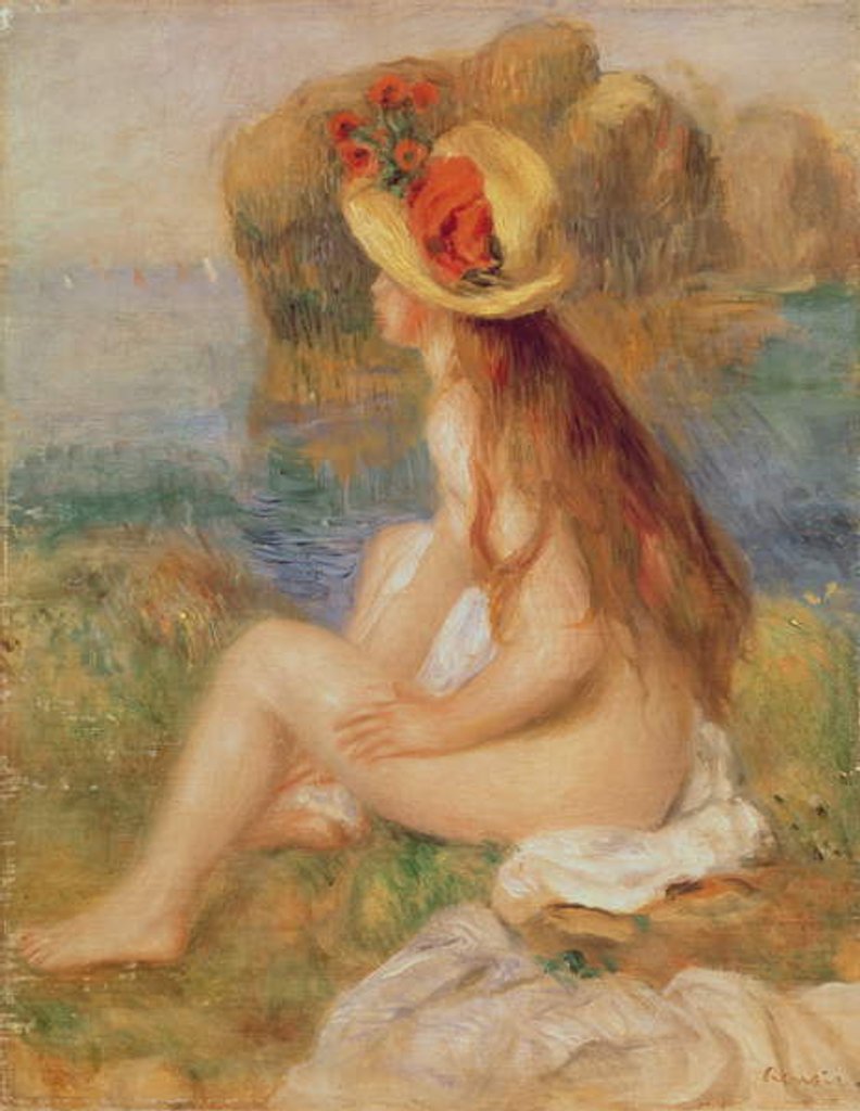 Detail of Seated female bather in a straw hat by Pierre Auguste Renoir