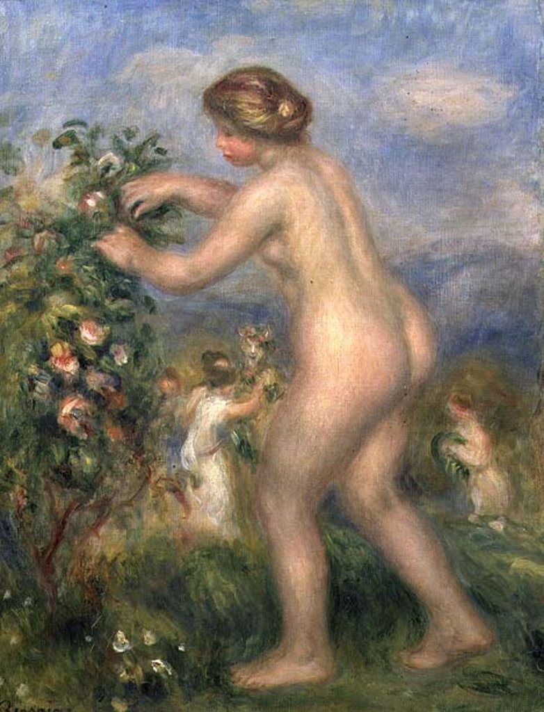 Detail of Female nude picking flowers by Pierre Auguste Renoir