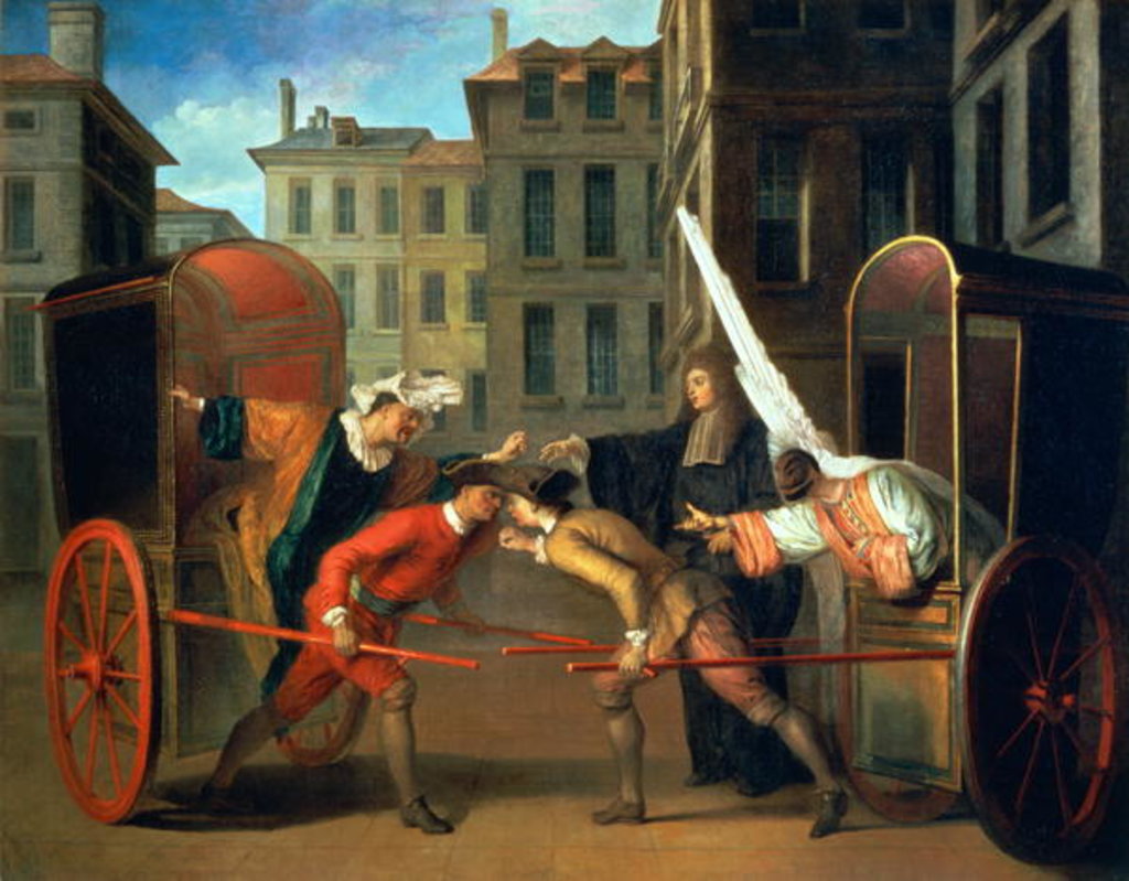 Detail of The Two Coaches, a scene added to the comedy 'The Fair at Saint-Germain' by Jean-Francois Regnard and Charles-Riviere Dufresny c.1695 by Claude Gillot