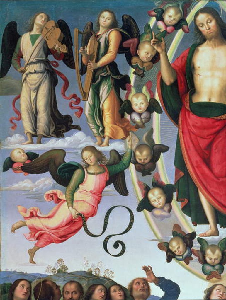 Detail of The Ascension of Christ, detail of Christ and musician angels, upper right section, 1495-98 by Pietro Perugino