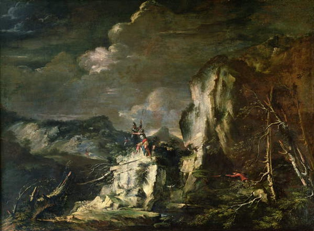 Detail of Rocky Landscape with a Huntsman and Warriors by Salvator Rosa